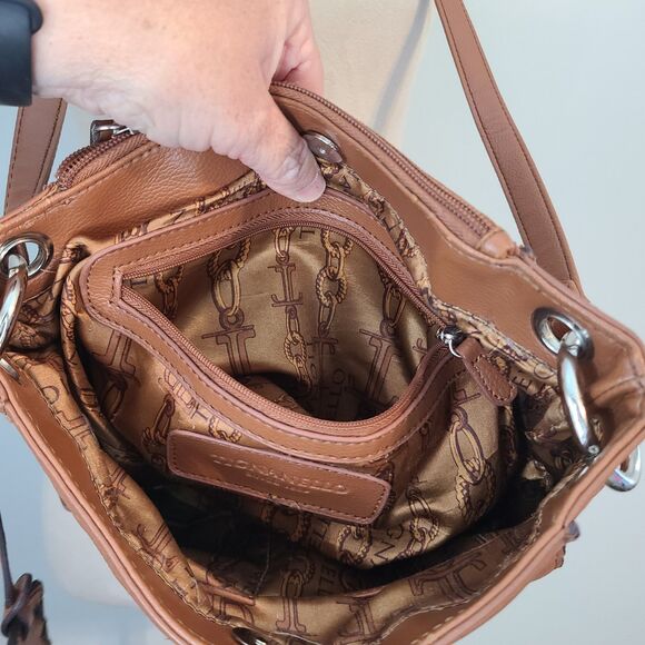 Tignanello Leather Crossbody Shoulder Strap Bag Brown Logo Charm Purse Capsule - Picture 10 of 16